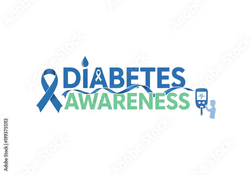 Diabetes Awareness typography with blue ribbon glucometer and blood drop colorful vector png on transparent background