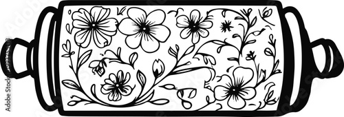 Floral rolling pin line art, bold black outline with floral elements, minimal vector 1