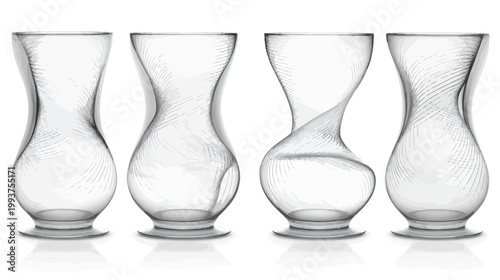 Four stylized, clear glass vases, each with a unique, curvy silhouette and subtle hatching details