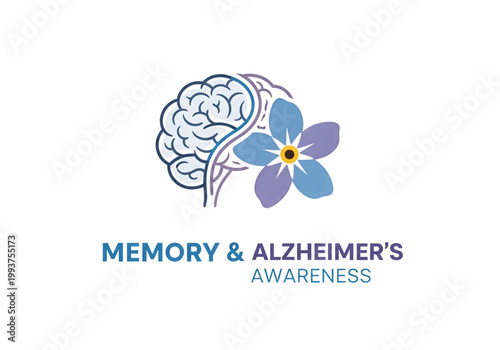 Memory and Alzheimer's Awareness typography with human brain and forget-me-not flower purple and blue vector png on transparent background