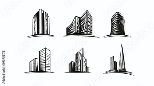 Six monochrome illustrations of various stylized high-rise buildings, each with a unique architectural design