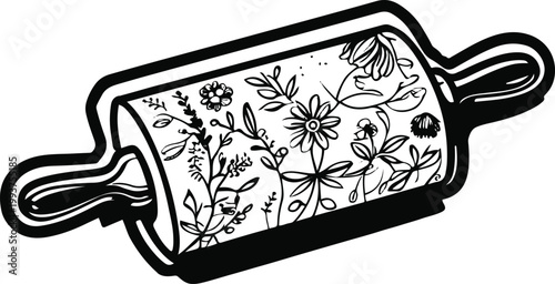 Floral rolling pin line art, bold black outline with floral elements, minimal vector