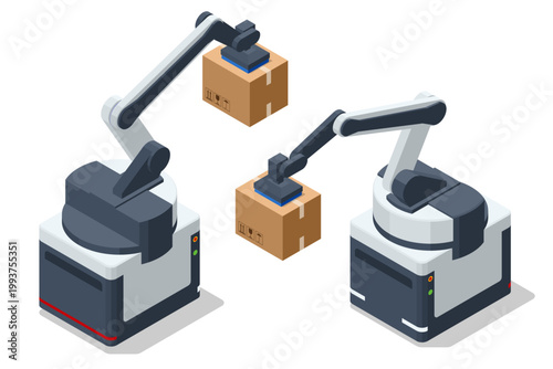 Isometric illustration of two industrial robotic arms lifting cardboard box packages. Design represents modern factory automation and smart warehouse machinery.