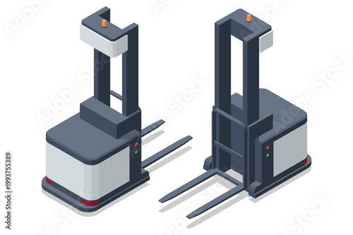 Isometric view of two autonomous robotic forklifts for warehouse logistics. The illustration shows a modern high-reach loader machine for efficient pallet storage and cargo transport.