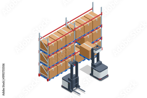 An isometric view of a large warehouse racking system. Two autonomous robotic forklifts are moving boxes on palettes, demonstrating automated storage, order fulfillment, and efficient inventory