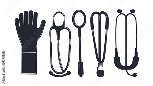Medical equipment illustrations, including a gloved hand, stethoscope, and other tools
