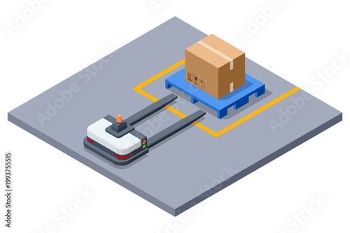 An isometric depiction of a mobile freight robot in an automated warehouse. The AGV vehicle uses its forks to lift a single cardboard box package from a blue palette on the floor.