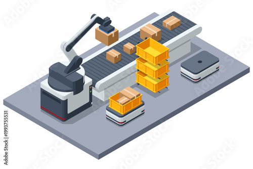 This isometric view shows complex automated sorting. Two robotic arms and a conveyor work with mobile freight robots carrying yellow crates of boxes, symbolizing a high-efficiency distribution center.