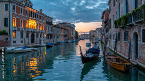 Historic Venetian buildings line a beautiful canal at dusk with gondolas and boats reflecting the warm evening lights