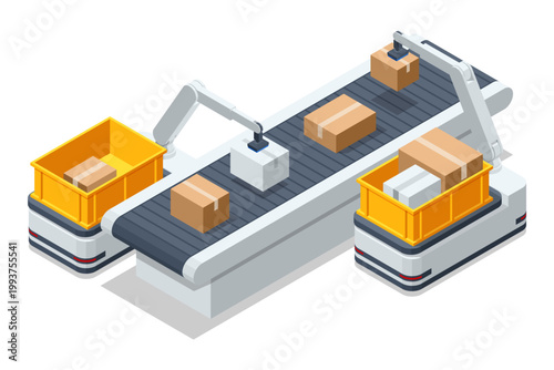 An isometric diagram of an automated packing and distribution station. Two robot arms on a dual-track conveyor sort boxes between yellow crates, which are on autonomous mobile robots.