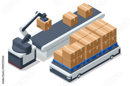 Isometric warehouse automation scene with robotic arm, conveyor belt and autonomous transport platform moving box cargo on pallets. Smart logistics environment shows sorting, handling and storage