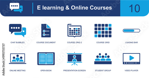 E-learning icon set. Containing chat bubbles, course document, course grid, loading bar, online meeting, open book, presentation screen, student group and more. Solid fill vector icons.