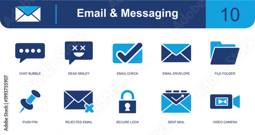 Email and messaging icon set. Containing chat bubble, smiley, email check, envelope, file folder, push pin, rejected email, secure lock, sent mail and more. Solid fill vector icons.