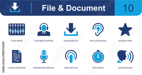 Voice communication icon set. Containing audio mixer, support agent, download file, ear, favorite star, locked file, microphone, stopwatch, voice message and more. Solid fill vector icons.