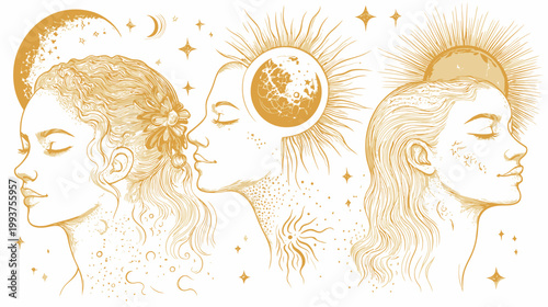 Artistic depiction of three female figures with celestial elements like moon and sun