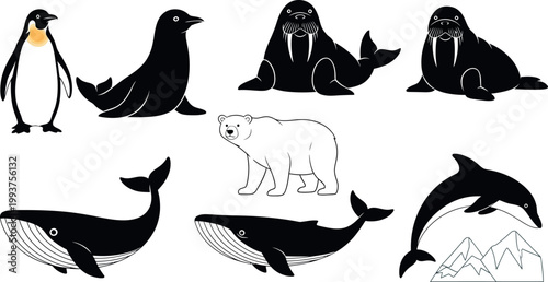 Arctic animal vector set, polar wildlife silhouettes, penguin and whale icons for nature design