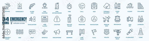 Emergency icon set. Vector illustration in thin line style of warning icons: caution, natural disasters, sos, rescue services, and help signals.