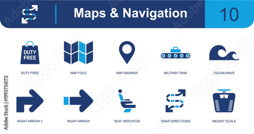 Travel navigation icon set. Containing duty free bag, folded map, map marker, right arrow, seat sign, direction swap, scale, ocean wave, baggage belt and more. Solid fill vector icons.
