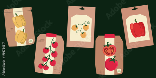 Organic Garden Seeds Packaging Set-Tomato, Pepper, Cherry Tomato, vegetable seed bags collection, flat gardening clipart for planting and home garden. Eco Friendly Flat Vector Illustration
