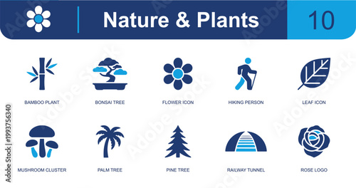 Nature and plants icon set. Containing bamboo plant, bonsai tree, flower, hiking person, leaf icon, mushroom cluster, palm tree, pine tree, rose flower and more. Solid fill vector icons.