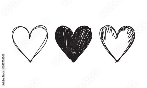 Fotografie Three simple hand drawn hearts in black ink on white background vector