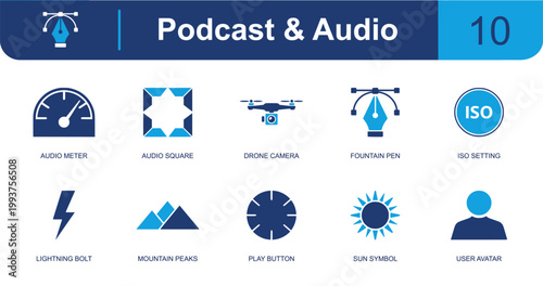 Podcast and audio icon set. Containing audio meter, frame, drone camera, fountain pen, ISO badge, lightning bolt, peaks, play button, user avatar and more. Solid fill vector icons.