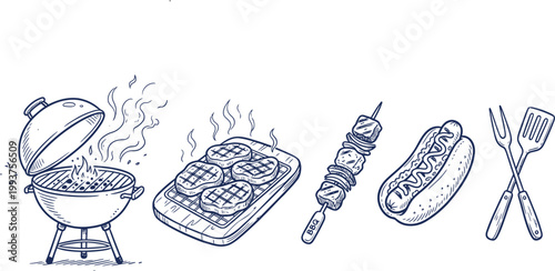Set of hand drawn barbecue elements, grill, steaks, kebab, hot dog and kitchen tools