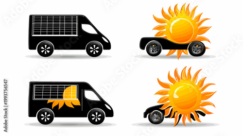 Four vector illustrations  black vehicles with either panel detail or a sun image