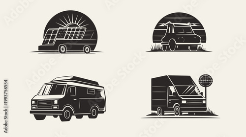 Black and white illustrations of various vans, including one with solar panels, and camping scene