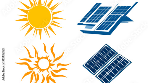 Four isolated illustrations showcasing renewable energy concepts, including solar panels and sun icons