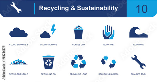 Recycling and sustainability icon set. Containing cloud, coffee cup, eco care, eco wave, recycling bin, recycle logo, recycle symbol, spanner, rubble and more. Solid fill vector icons.