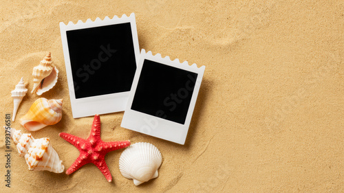 Two blank instant photo frames surrounded by seashells and a starfish on a sandy beach background for vacation memories