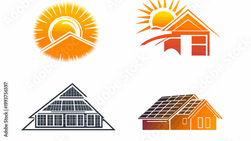 Four stylized illustrations showcasing renewable energy, featuring sun, homes, and solar panels