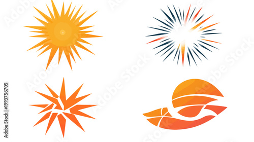 Four abstract illustrations with gradients depicting spiky bursts and a curved, layered shape