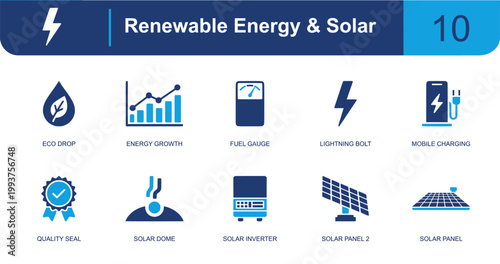 Renewable energy icon set. Containing eco drop, fuel gauge, lightning bolt, mobile charger, quality seal, solar inverter, solar panel, chart, solar dome and more. Solid fill vector icons.