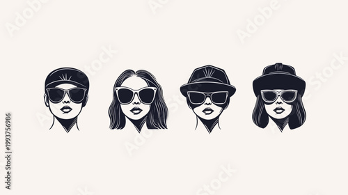 Illustration with four stylized black-and-white portraits of people wearing hats and sunglasses