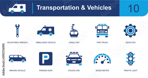 Transportation and vehicles icon set. Containing wrench, ambulance, cable car, fire truck, minivan, parking sign, police car, speed meter, traffic light and more. Solid fill vector icons.