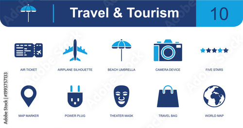 Travel and tourism icon set. Containing air ticket, airplane, beach umbrella, camera device, five stars, map marker, power plug, travel bag, globe and more. Solid fill vector icons.