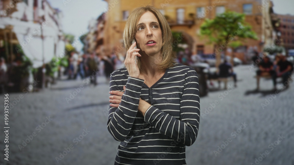 Fototapeta premium Woman holding smartphone to ear with arms crossed in a cobblestone street plaza, eyes closed and pensive expression; concern waiting.