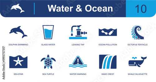 Water and ocean icon set. Containing dolphin, glass water, leaking tap, ocean pollution, octopus tentacle, sea star, sea turtle, wave crest, whale silhouette and more. Solid fill vector icons.