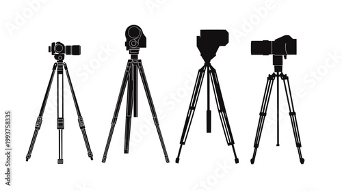 Silhouetted illustration showing various types of cameras mounted on tripods, isolated on white background