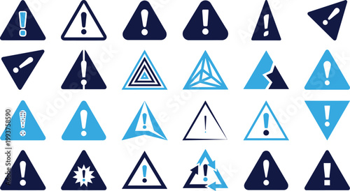 Various warning and alert triangle symbols in blue and dark blue for attention and caution.