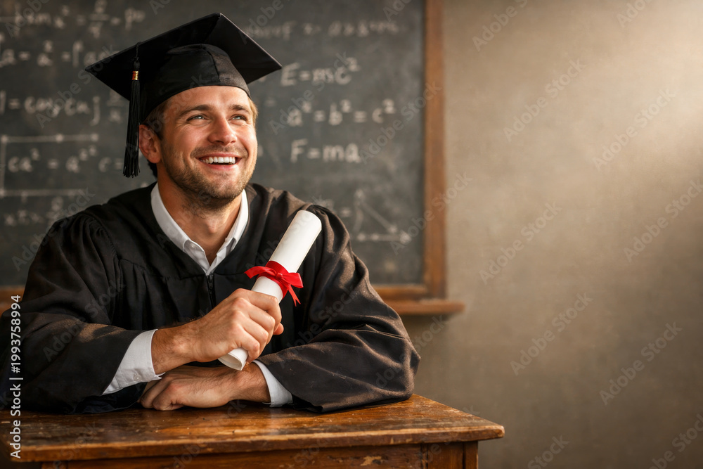 Fototapeta premium Male graduate in gown and cap holding diploma scroll. Classroom chalkboard background with formulas.