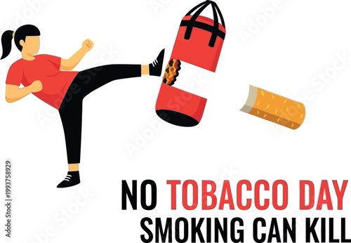 Woman kicking punching bag with cigarette breaking apart in dynamic action pose with bright lighting for anti-smoking campaign.