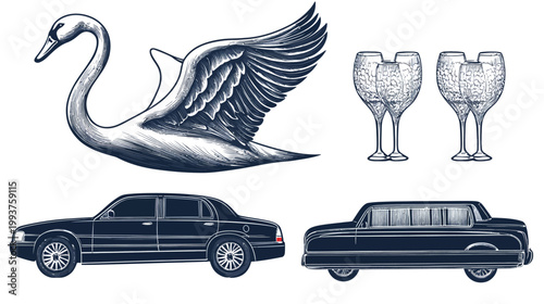 A black and white graphic design featuring a swan, champagne flutes, a sedan and a limousine