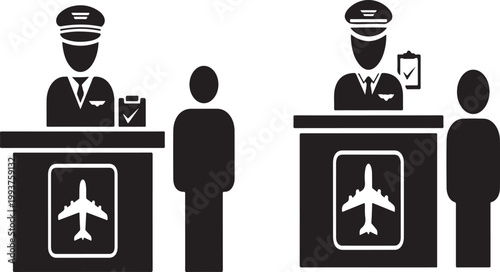  Black and white illustration of airline checkin desk with pilot and passenger