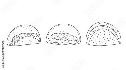 Monochrome line art of three, semi-circular foods with various fillings