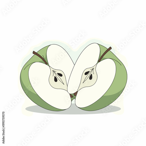 A green apple cut in half, revealing its white flesh and black seeds, presented in a symmetrical artistic composition.