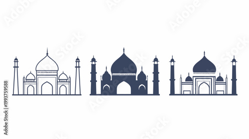 Three stylized depictions of a famous mausoleum, with symmetrical details, against a white backdrop