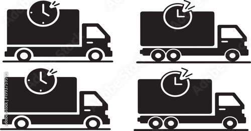 Black silhouette of a delivery truck with a clock on the side, representing fast and efficient transportation services, isolated on white background